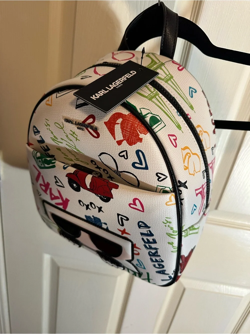 Karl Lagerfeld White Multicolor Graffiti Mini Backpack with Karl Face Applique
